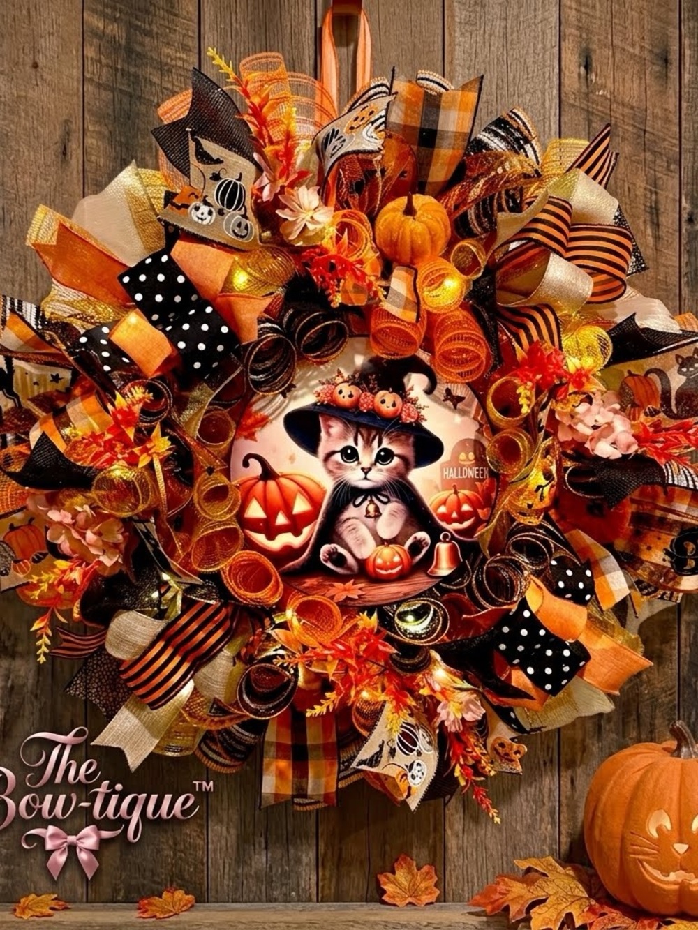 “Purr-fectly Witchy” Kitty Halloween Wreath 22” Prelit Handmade W27